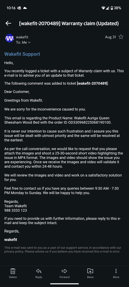 Iamspaceman8's tweet photo. @WakefitCo @Ankit_AGarg @InfiniChai Well the customer support is total BS. 
Been following up since 31st Aug. No resolution whatsoever. Such a horrible experience with your company. And you say that customers are the greatest strength. Nonsense. 
I'll take up this matter with the consumer forum on Monday. https://t.co/bd2vNFMTqI