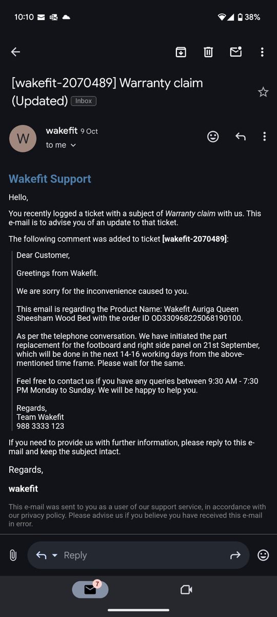 Iamspaceman8's tweet photo. @WakefitCo @Ankit_AGarg @InfiniChai Well the customer support is total BS. 
Been following up since 31st Aug. No resolution whatsoever. Such a horrible experience with your company. And you say that customers are the greatest strength. Nonsense. 
I'll take up this matter with the consumer forum on Monday. https://t.co/bd2vNFMTqI