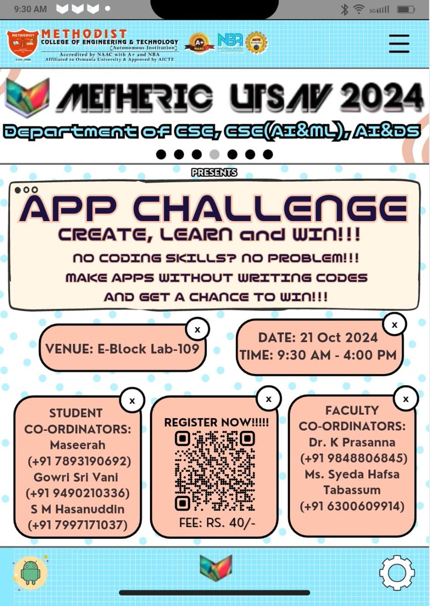 MCETHyderabad's tweet image. Hey Everyone!🎉

Are you ready for the MOST EXCITING challenge of the year?!🤩As part of Metheric Utsav 2024, we bring you the &quot;App Challenge - Create, Learn, and WIN!&quot;

Register NOW: forms.gle/ByqFhLLPNgXtMj…

#AppChallenge #CreateLearnWin #MethericUtsav2024 #NoCodingSkillsNeeded