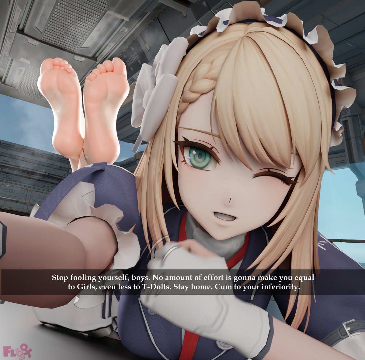 Flox3D's tweet photo. [ After completing the daily tasks in the base, proper of maids like her, G36 likes to show off in social media. She goes from posting the last events in her life to... reminding the very few male followers (not all have access to a phone nor know reading) of their place... ♡ ] https://t.co/rrOMRTY2TW