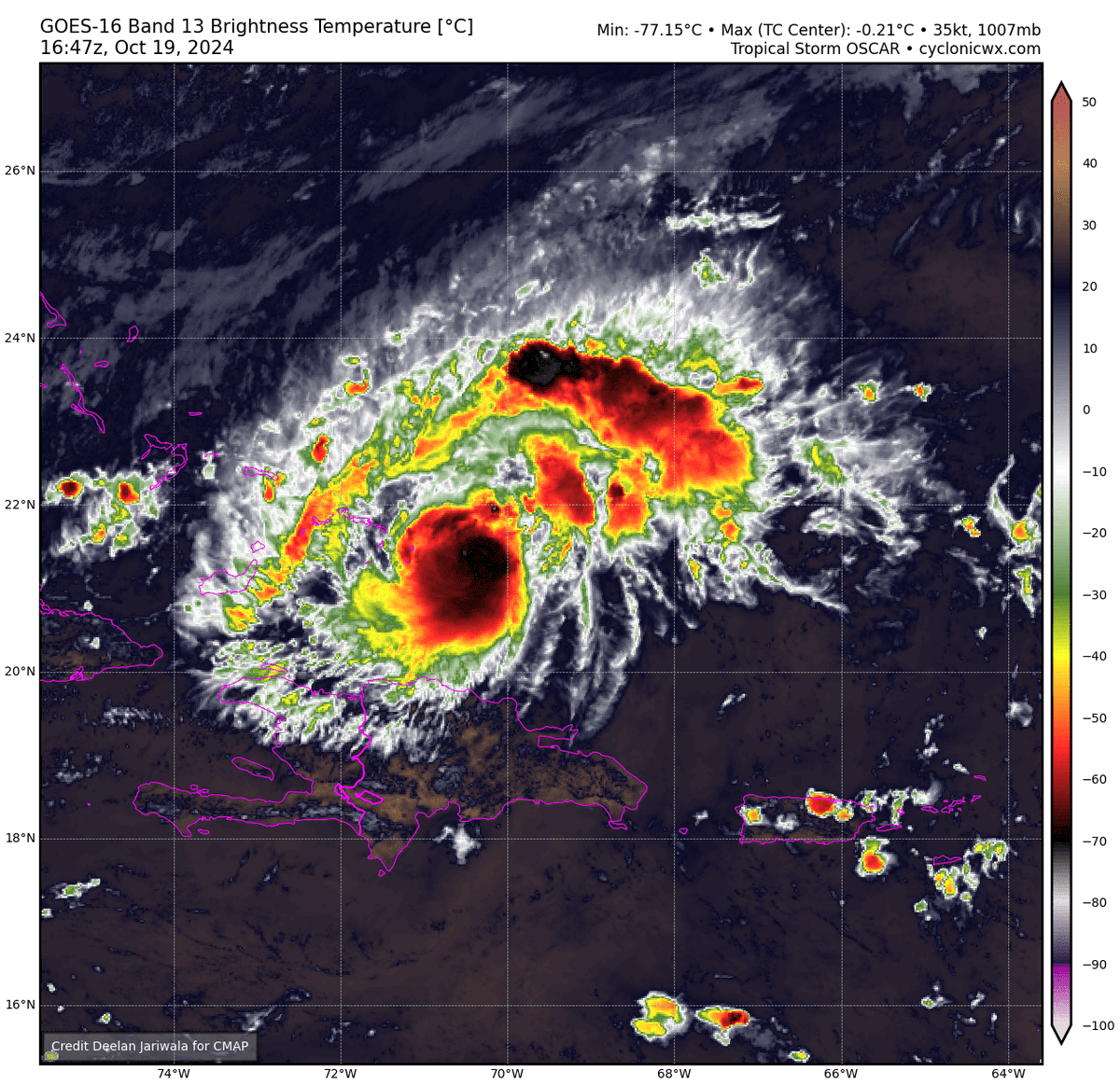 Sausius_wx's tweet photo. Recon data indicates that Tropical #Srorm #Oscar is actually at or very near #Hurricane strength. Peak FL winds were 73 kts (58 knots SFC) and SFMRs were 70 knots. Since Oscar is a small storm the pressure of 994 mbar is consistent with that as well. #tropicswx https://t.co/hhNyCGajuW