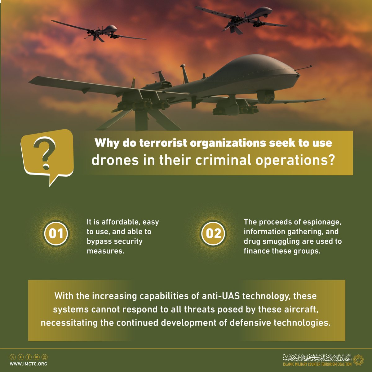 imctc_en's tweet photo. #IMCTC_Info| According to the Global #Terrorism Index issued by the Institute for Economics and Peace for 2023, reliance on drones to launch terrorist attacks is growing very rapidly. https://t.co/Ijvul3DqrZ
