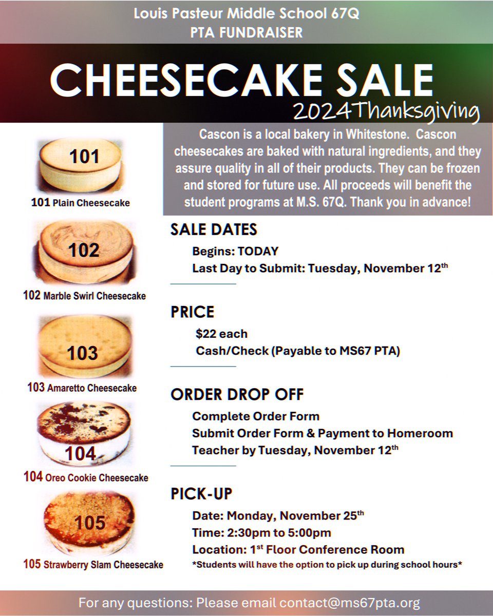 MS67PTA's tweet photo. It’s cheesecake time! Place your orders now for the holidays! Strawberry slam and Oreo are some favorites of ours! https://t.co/rjkHMbTUs0