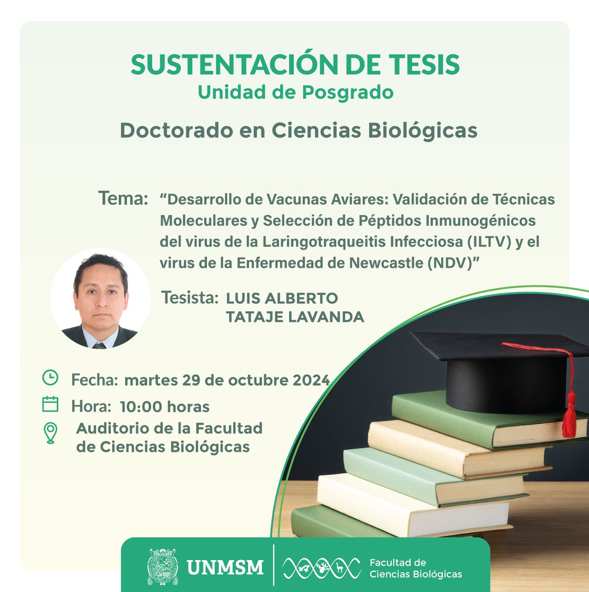 🟢🎓 𝗦𝘂𝘀𝘁𝗲𝗻𝘁𝗮𝗰𝗶𝗼́𝗻 𝗱𝗲 𝗧𝗲𝘀𝗶𝘀 𝗨𝗣𝗚 | Doctorado en Ciencias Biológicas
📅 Fecha: martes 29 de octubre 2024
⏰ Hora: 10:00 horas
📍 Lugar: Auditorio de la Facultad de Ciencias Biológicas