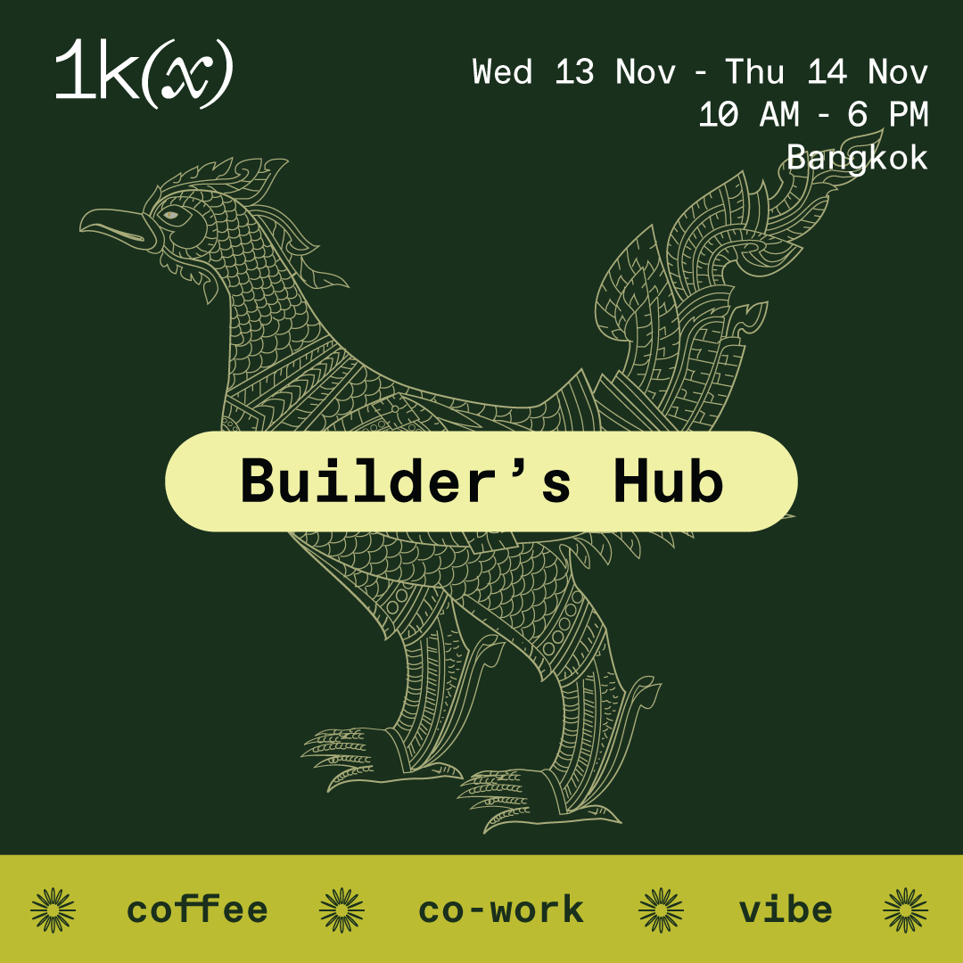 1kxnetwork's tweet photo. Heading to @EFDevcon?  We're hosting a Builders' Co-Working &amp; Coffee Hub. (⌐■_■) Catch us here. https://t.co/zCIgsHkqx7