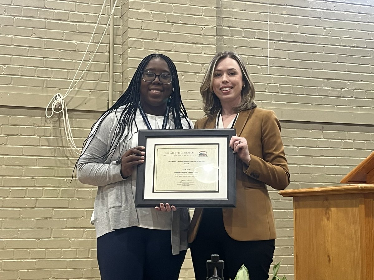 Mrs_SarahKelly's tweet photo. Thank you so much @sccsocial for a great conference! I attended several great sessions, left with some new resources &amp; was able to connect with educators from around the state. Thank you @Gilder_Lehrman for awarding me the SC #HTOY https://t.co/EWk4HGUMhb