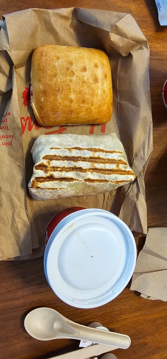 Levistras's tweet photo. How is this the size of a @TimHortons wrap these days?  They used to be double this size... So much for "loaded". https://t.co/uMBfxqZOHX