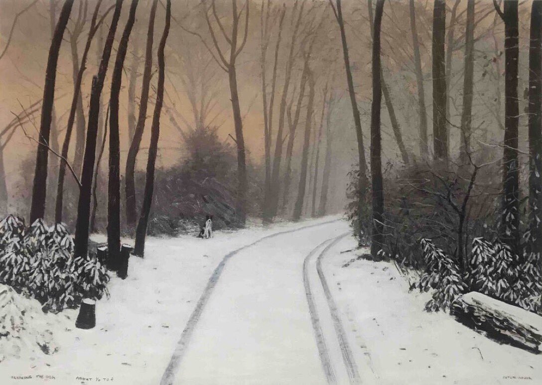 Some of Peter Brook’s most upbeat paintings are those of his local Bradley Wood, a favourite location for Shep’s last walk of the day, ‘Training the Dog - About 1/4 to 4’ being a typically atmospheric example, with the warm orange light in the sky seen through the evening mist.