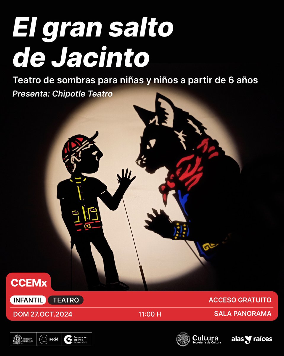 CDMX allá vamos!! El domingo de la próxima semana les esperamos en una presentación gratuita de "El gran salto de Jacinto" en el <a href="/ccemx/">Centro Cultural de España México</a> las 11h 🎭
. 
<a href="/AlasyRaices/">Alas y Raíces</a> 
.
#teatrodesombras #chipotleteatro #ccemx #alasyraices #titeresdesombra
