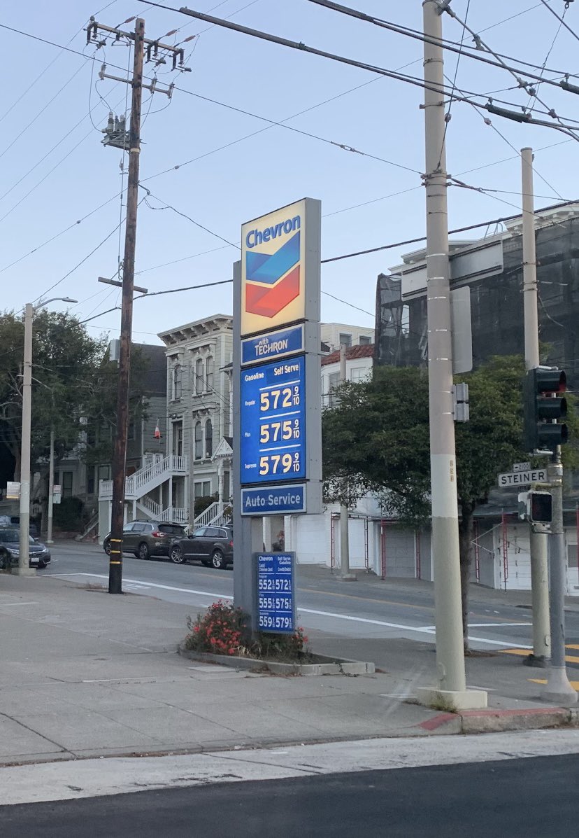 greenbergnation's tweet photo. This morning, San Francisco, gas prices, October 19, 2024. https://t.co/z9qQ2136Gj