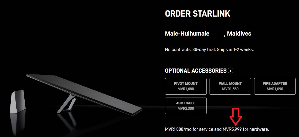 STARLINK PRICE DROP !!

Starlink Standard kits get a price drop for Maldives on starlink.com. 
from 10000/- to 5999/-.
The kit includes their latest gen 4 Starlink and gen 3 Router: starlink.com/specifications…