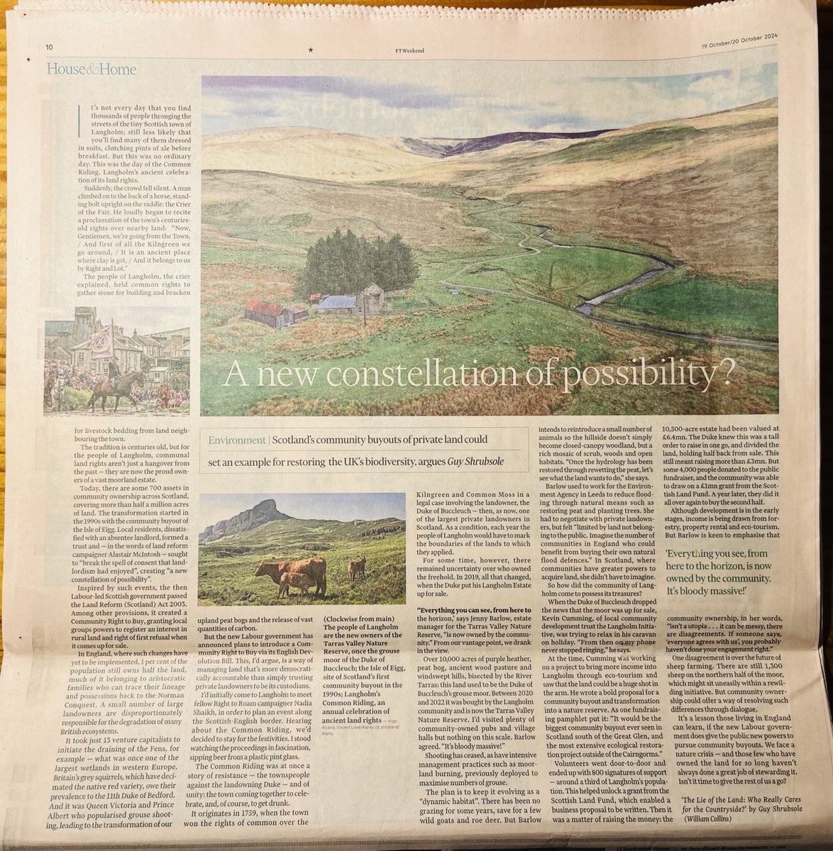 guyshrubsole's tweet photo. Community ownership of land can create "a new constellation of possibility", in the words of Scottish land reformer @alastairmci 

Delighted to have this extract from my book THE LIE OF THE LAND published in today's @FT - featuring the Langholm Community buyout @TarrasValleyNR: https://t.co/uGnx6g6aYW