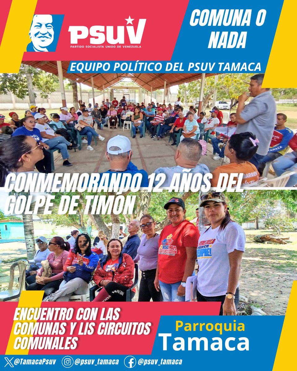 CONMEMORAMOS LOS 12 AÑOS DEL GOLPE DE TIMÓN EN LA PQ TAMACA
Encuentro con las Comunas y los Circuitos Comunales de la Parroquia Tamaca, voceros y voceras comunales junto al equipo político del Psuv Tamaca y Isamar Crespo presidenta de <a href="/iapfpp/">IAPFPP Instituto</a>.mi
<a href="/NicolasMaduro/">Nicolás Maduro</a> <a href="/LuisJonasReyes/">Luis Jonás Reyes</a>