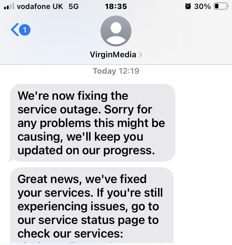 IFRsteves's tweet photo. @virginmedia surpassed themselves today. No Internet all day. I particularly liked the jolly message at 1pm saying it was fixed.

Er no it wasnt. And still isnt 5hrs later. File that message under the refund avoidance category? https://t.co/9PJ1NNtC4E