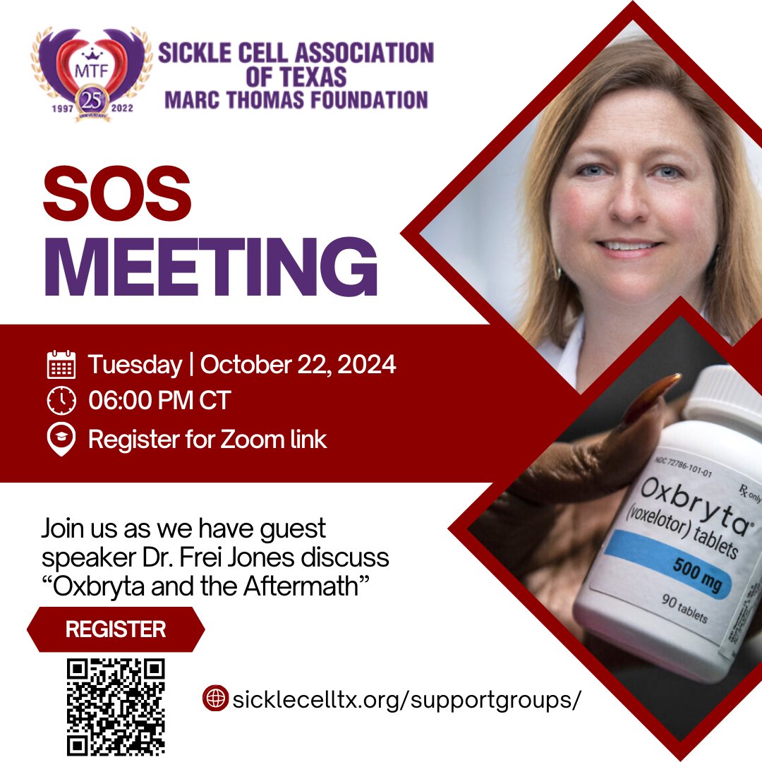 Join us this Tuesday for our support group meeting with guest speaker Dr. Frei Jones, who will discuss "Oxbryta and the Aftermath." Be sure to register to receive the Zoom link, sicklecelltx.org/supportgroups/