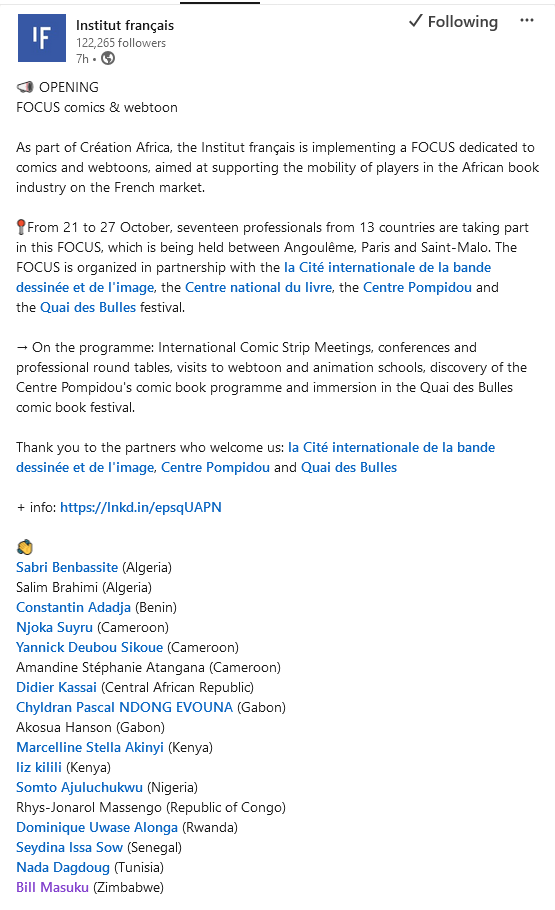 Grateful to have been selected as one of 17 comic book and graphic novel creators from across the continent in this coming week's FOCUS BD &amp; Webtoon programme as part Création Africa by <a href="/IFParis/">Institut français</a> 

🇿🇼🇫🇷