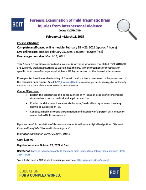 forensicnurseca's tweet photo. BCIT has three microcredential courses running in the new year: Normal and Abnormal Findings in Sexual Assault Forensic Examinations, Non-Fatal Strangulation, and Forensic Examination of Mild Traumatic Brain Injuries from Interpersonal Violence. 
#ad #forensicnursing https://t.co/jD7g1QY9lL
