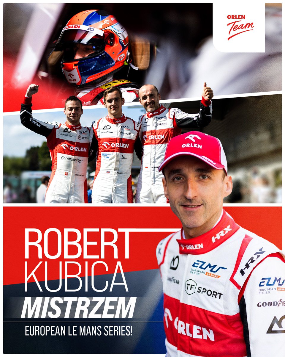 TeamORLEN's tweet photo. KUBICA MISTRZ ‼️ 🏆

Drugie miejsce @OfficialTFSport w #4hPortimao oznacza, że Robert Kubica po raz drugi zostaje mistrzem European Le Mans Series. Kolejny piękny rozdział w karierze kierowcy ORLEN Teamu! Brawo Robert 👏👏👏 https://t.co/QEbjsnV9Ep
