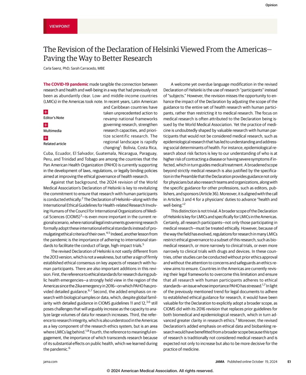Viewpoint from Carla Saenz and <a href="/SarahCarracedo/">Sarah Carracedo</a> examines the 2024 revision of <a href="/medwma/">World Medical Association</a>’s Declaration of Helsinki within the context of low- and middle-income countries in the Americas.

ja.ma/4h4GMVT
