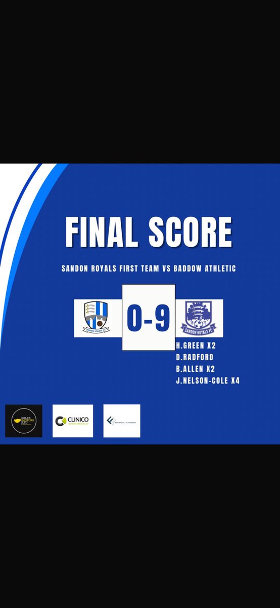 sandon_fc's tweet photo. Today’s Results 🔵⚪️

Cracking 9-0 win for the First Team, 4 for @Jnelsoncole, 2 each for @BenAllen200_2 &amp; @harrygreen63, and another for Danny Radford - the title charge marches on!

Another good 3-2 win for the Reserves vs Woodham, 2 for @M__Maberly and 1 for Max Valentine. https://t.co/asRPzvgsUL
