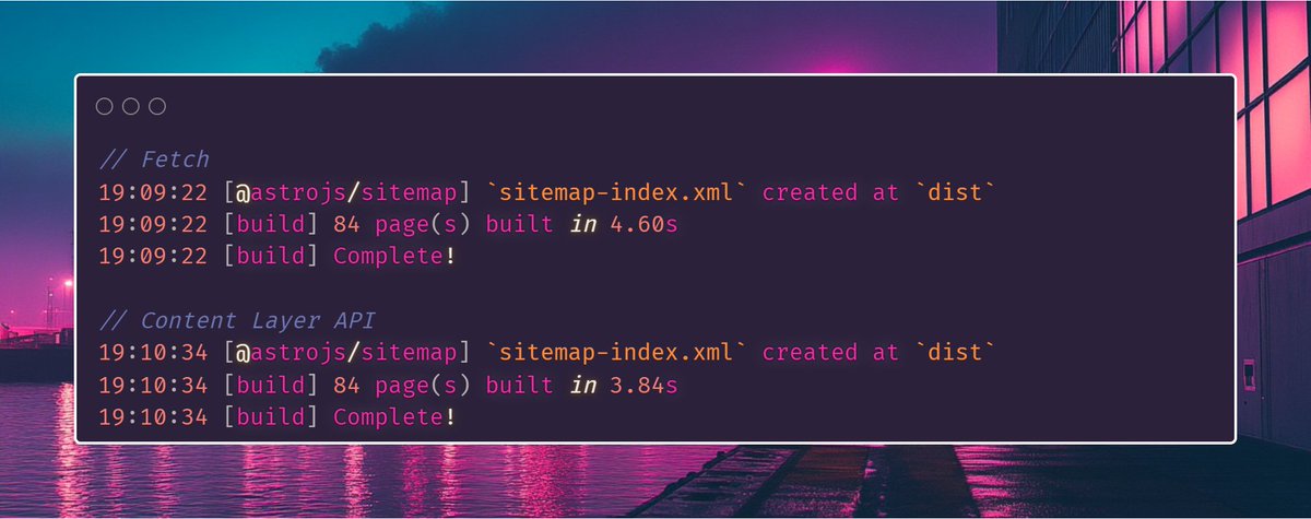 I'm playing around a bit with <a href="/astrodotbuild/">Astro</a> Content Layer API, and apart from the amazing DX, it is much faster than fetching API the old way 🔥

I'm just fetching some data using WordPress REST API.  But I'm guessing the more fetches the difference would grow.

cc <a href="/AndrewKepson/">Andrew Kepson</a>