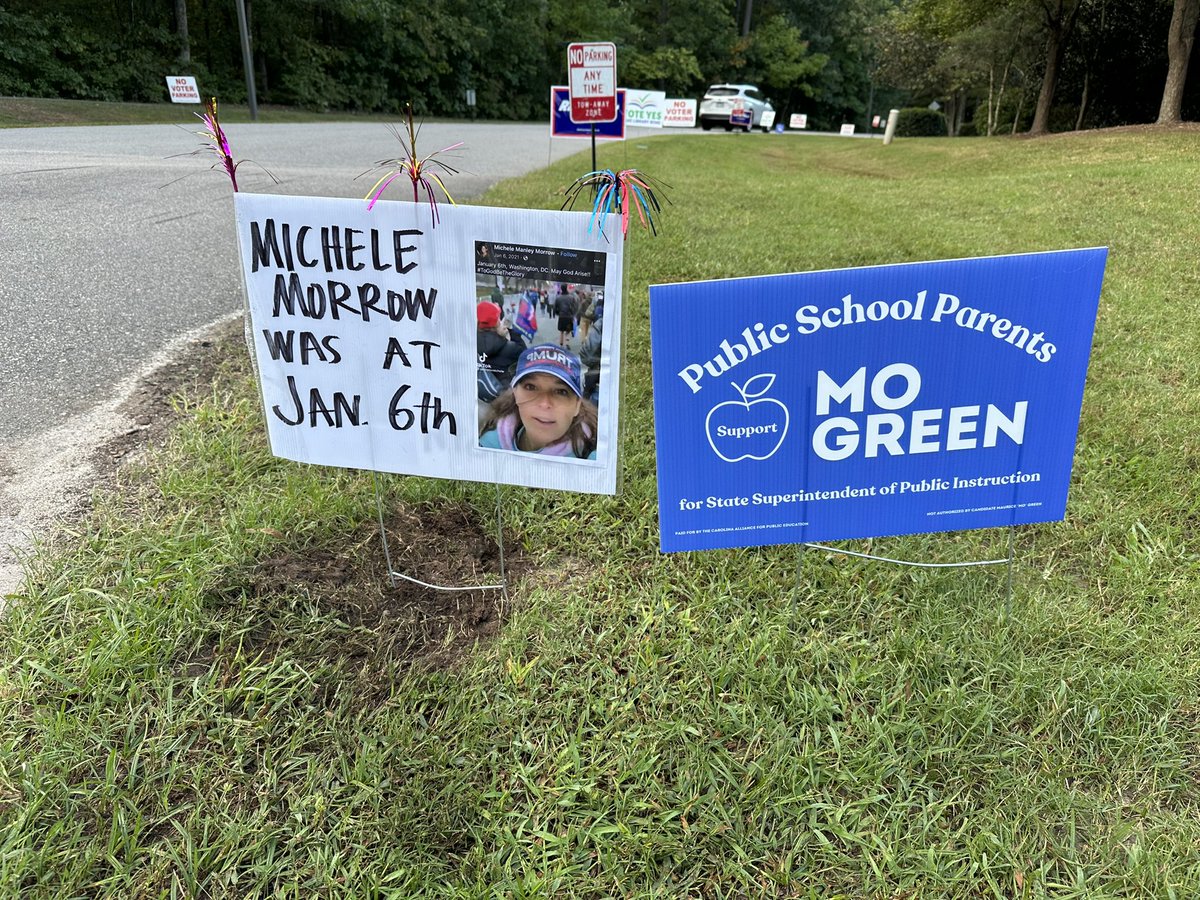 473 of 500 signs distributed in 36 hours.  Thank you NC for the support!!  #nced #ncpol 
Note: We have no idea who made these 1/6 signs, but the blue complimented her Trump hat in the photo.