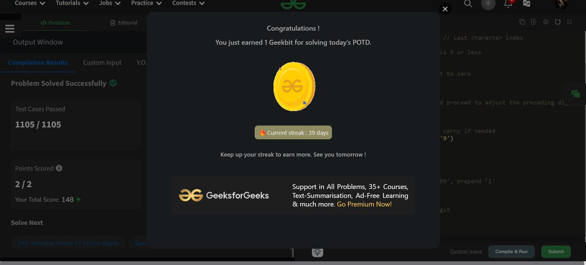 SatyamG21400517's tweet photo. Day 39 in the #GreekStreak2024 challenge powered by #deutschebank 💻🌱
Q: Write a function to solve the 'Nearest Multiple of 10' problem in C++.
Status: Solved ✅
#CodeDaily #CodingJourney #CppProgramming #EndlessStylesinPatterns @geeksforgeeks @DeutscheBank https://t.co/zLTLWV1fSG