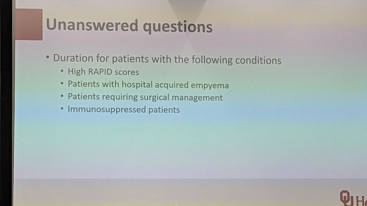 #IDweek2024 Day 4 session on optimal duration of Abx in certain clinical conditions like empyema, UTI in Tx patients, candidasis. 
1. Empyema- did you know about "RAPID" score. 
Newer Data available suggests shorter duration maybe acceptable for low RAPID score patients