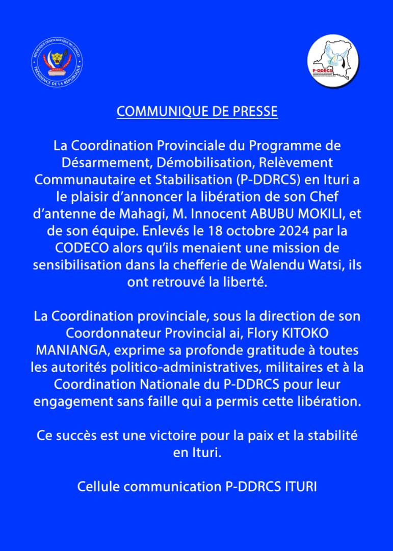 freddyuparM's tweet photo. Ituri : Le P-DDRC-S confirme la libération de son équipe après la mission de sensibilisation de la milice CODECO à Mahagi. https://t.co/fyffxBEeCC