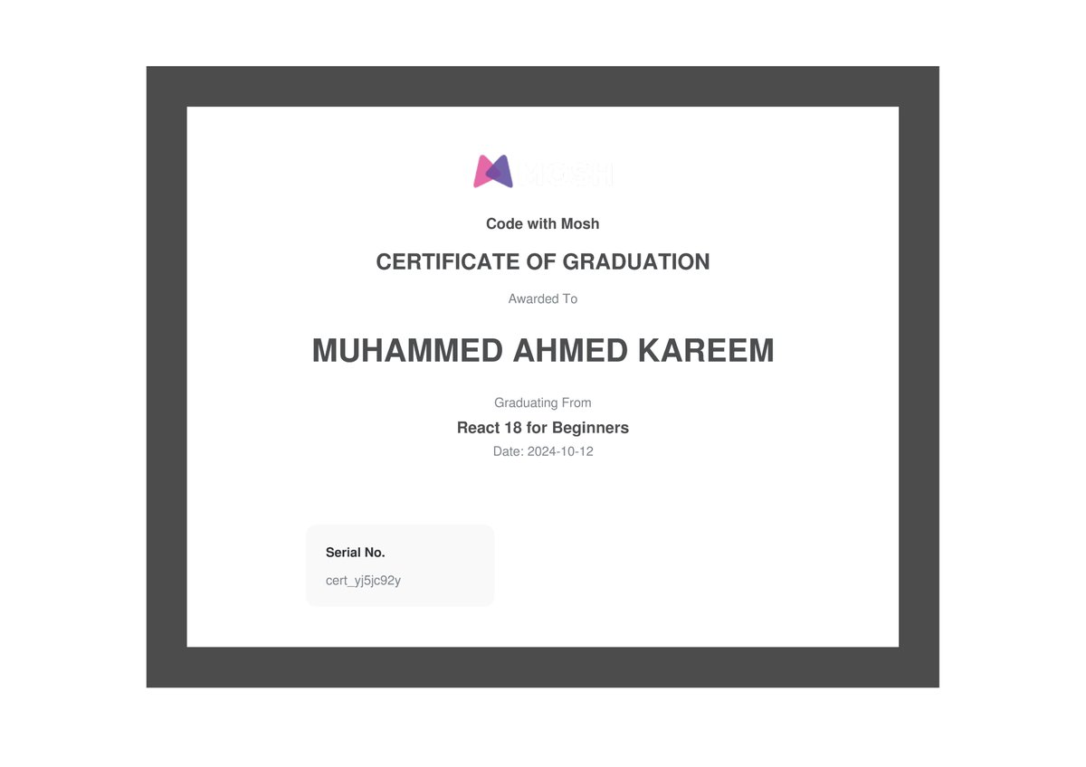 HiAbduul's tweet image. Just Completed @moshhamedani 's Ultimate React.js Series (Beginners & Intermediate) and even as an experienced React developer working on enterprise projects, I learned a ton! 💥 His clean code principles are next level.
#React #CodeWithMosh #MoshHamedani