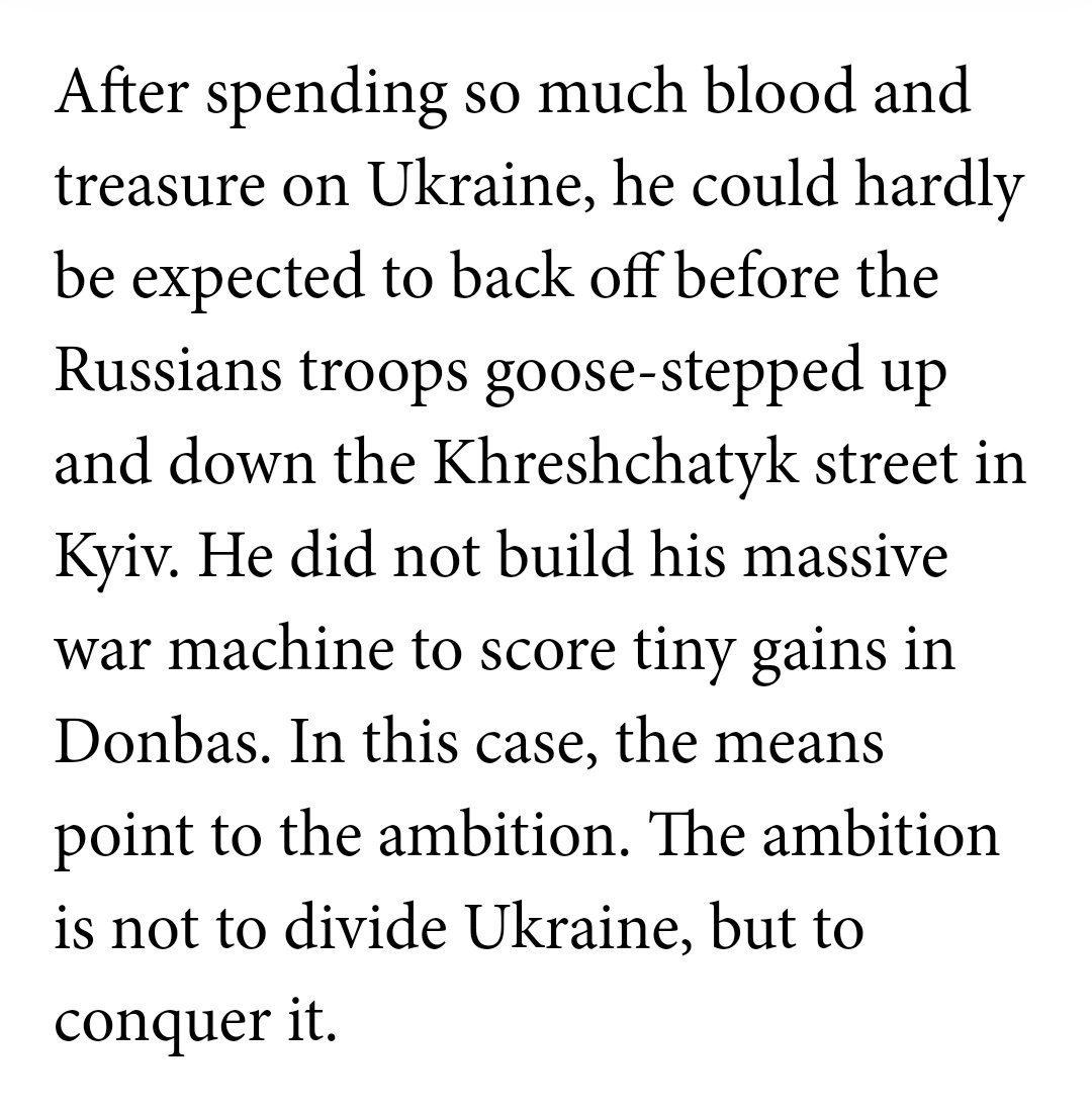 A lesson worth repeating: Putin does not care about Ukrainian territory. The annexations are merely a means to an end: Putin wants to control Kyiv. He has never wanted anything else, and will only stop the war when it begins to undermine his regime at home.
