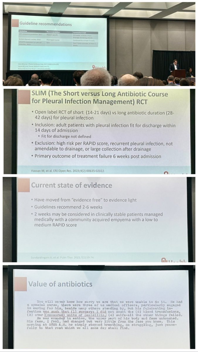 Great presentation by <a href="/bryan_p_white/">Bryan White</a> on optimal durations of therapy for empyema which is currently an “evidence light” area of practice. 2-6 weeks currently recommended based on limited data - shorter probably better for some? Loved the personal letter to end! #IDWeek2024