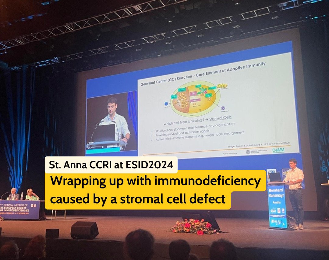 Bernhard Ransmayr wrapped up the St. Anna CCRI talks at the #ESID2024 conference with his presentation on a novel immunodeficiency caused by a stromal cell defect, affecting secondary lymphoid organ function.