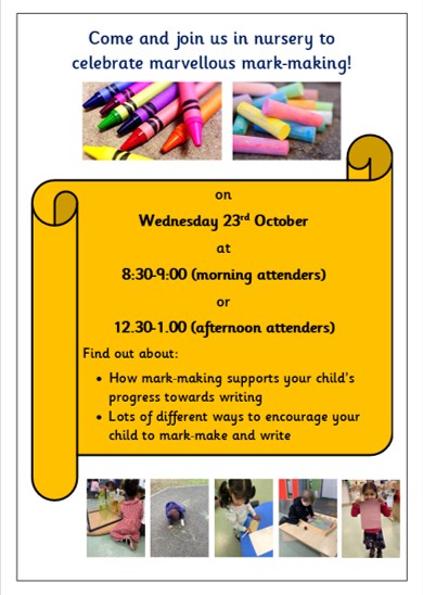 TinsleyMeadows's tweet photo. Come and join us to celebrate marvellous mark-making with your child in nursery on Wednesday 23rd October!

The lending library will still be open! 😁 https://t.co/O0MNTG3q5o