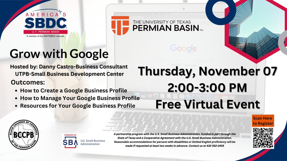 Join our FREE virtual event and learn how to get your business noticed online! Learn how to set up your Google Business Profile and attract more customers.
When: Thur, Nov 07, from 2-3 PM
Sign up here: nwtsbdc.ecenterdirect.com/events/16478