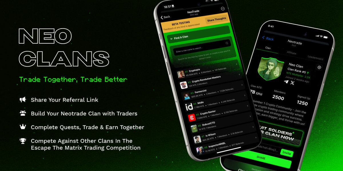 Unite, trade, and conquer as one 📈 Clans bring traders together to share calls, trade, and grow wealth as a team 🤝

⚔️ Clan Wars: Compete for 5% of all trading fees!
💰 Clan Treasury: 10% of trading fees fuel your clan’s success!
🛡️ Clan DAO: Invest and grow together with