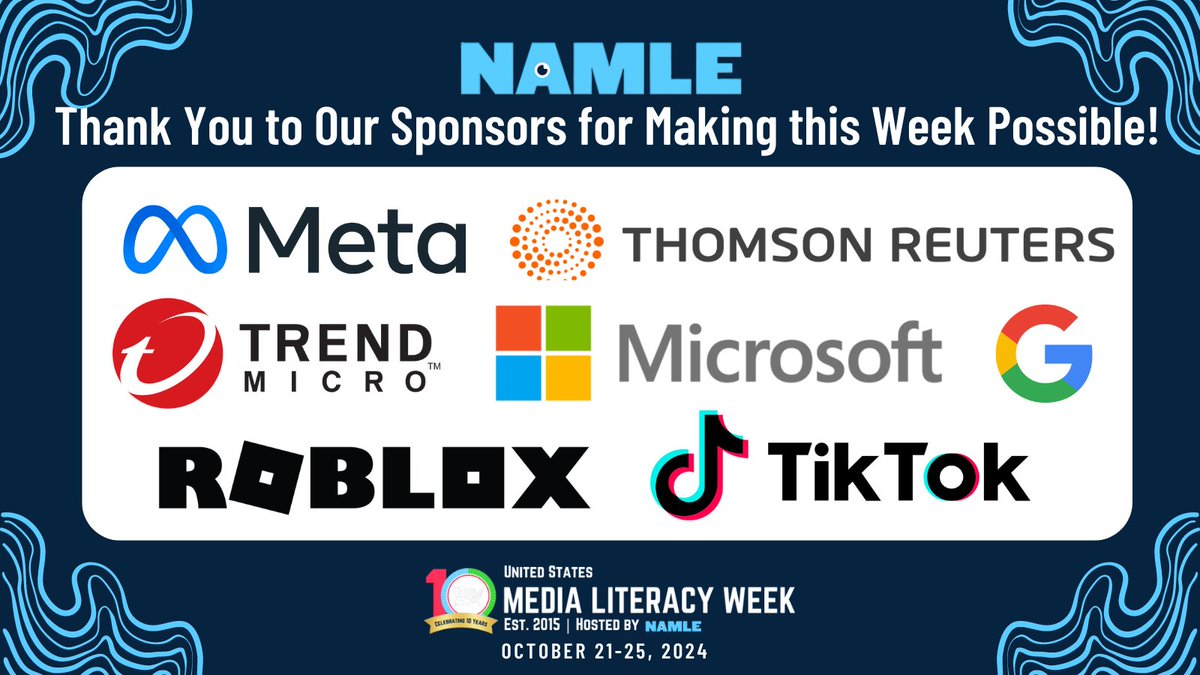 #MediaLiteracyWeek is just 2 days away!

We want to take a moment to recognize our amazing sponsors for their contributions to making Media Literacy a highly accessible and widely used life skill. 

Register here 🔗 ow.ly/cP6a50TKMsn

#MediaLiteracy #EducatetoEmpower #NAMLE