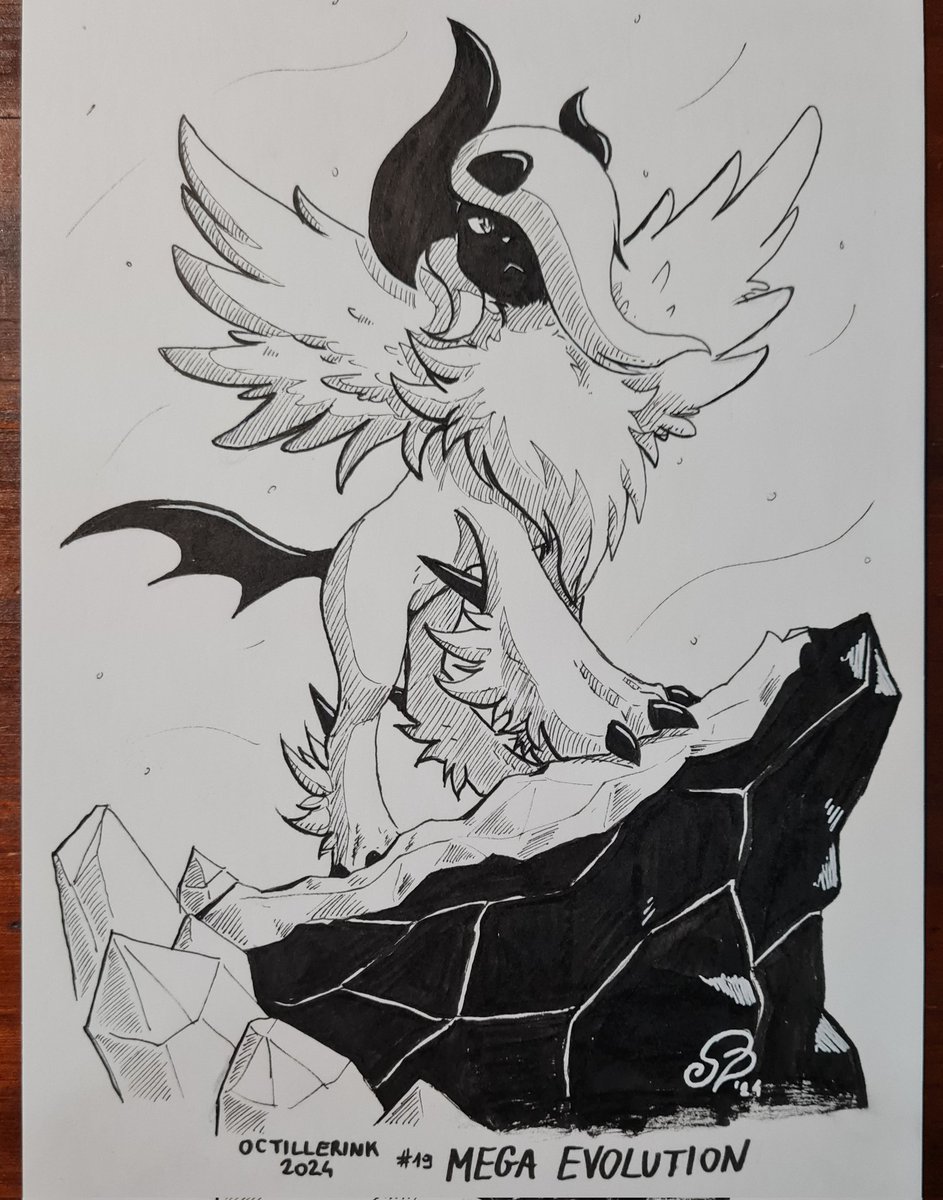 Shiny_Zango's tweet photo. #octillerink2024 - 19. MEGA EVOLUTION

Mega Absol my beloved ♥️ 

This was supposed to have the grey marker too, but I underestimated how much contrast using black on Absol would give, so I ended up doing a fully b/w piece lol

But I still like it 😊
#pokemon https://t.co/HaNTDcpT1w
