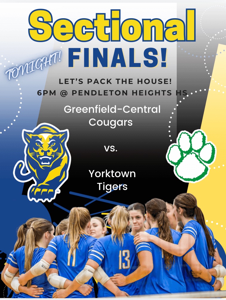 The Cougars are going to the sectional championship tonight!! 🏐 6pm at Pendleton Heights against the Yorktown Tigers

Come show your support! 🔵🟡