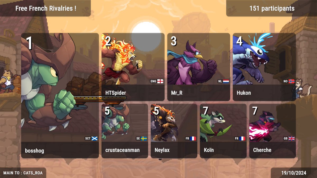 The Free French Rivalries ! has been a real pleasure for me to TO and cast ! I hope it was the same for yall, viewers and players ! Congrats <a href="/BossHogOfficial/">bosshog</a> for being too good on Kragg, followed by <a href="/HTSpider/">Spider 🐧</a> the terrifying blue Zetter and <a href="/Mr_RSmash/">BKROG | Ramin</a> ans his wonderful Wrastor !