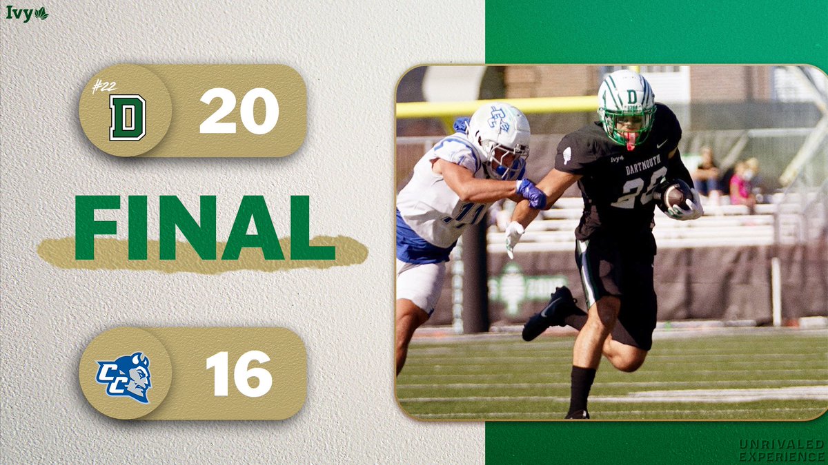IvyLeague's tweet photo. THAT 5 AND 0 FEELING. 

Grayson Saunier scored his second rushing touchdown of the day with just over 5 minutes left in the 4th quarter to help No. 22 @DartmouthFTBL stay unbeaten in a 20-16 win over Central Connecticut State. 🌿🏈 https://t.co/fD8HV13Wt2