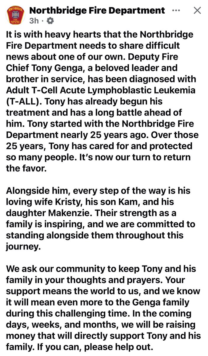 MAFireDistrict7's tweet photo. We are thinking of one of our own, @MAFireDistrict7 Deputy Chief Tony Genga of the Northbridge Fire Department. Tony is in the fight of his life. See the information on where donations can be sent. Every little bit helps. 
#mafiredistrict7 #cancer #cancersucks #noonefightsalone https://t.co/goRI8heqBh