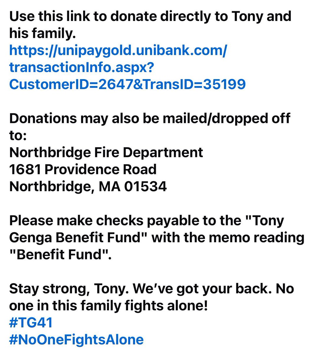 MA Fire District 7 (@mafiredistrict7) on Twitter photo We are thinking of one of our own, <a href="/MAFireDistrict7/">MA Fire District 7</a> Deputy Chief Tony Genga of the Northbridge Fire Department. Tony is in the fight of his life. See the information on where donations can be sent. Every little bit helps.
#mafiredistrict7 #cancer #cancersucks #noonefightsalone We are thinking of one of our own, <a href="/MAFireDistrict7/">MA Fire District 7</a> Deputy Chief Tony Genga of the Northbridge Fire Department. Tony is in the fight of his life. See the information on where donations can be sent. Every little bit helps.
#mafiredistrict7 #cancer #cancersucks #noonefightsalone