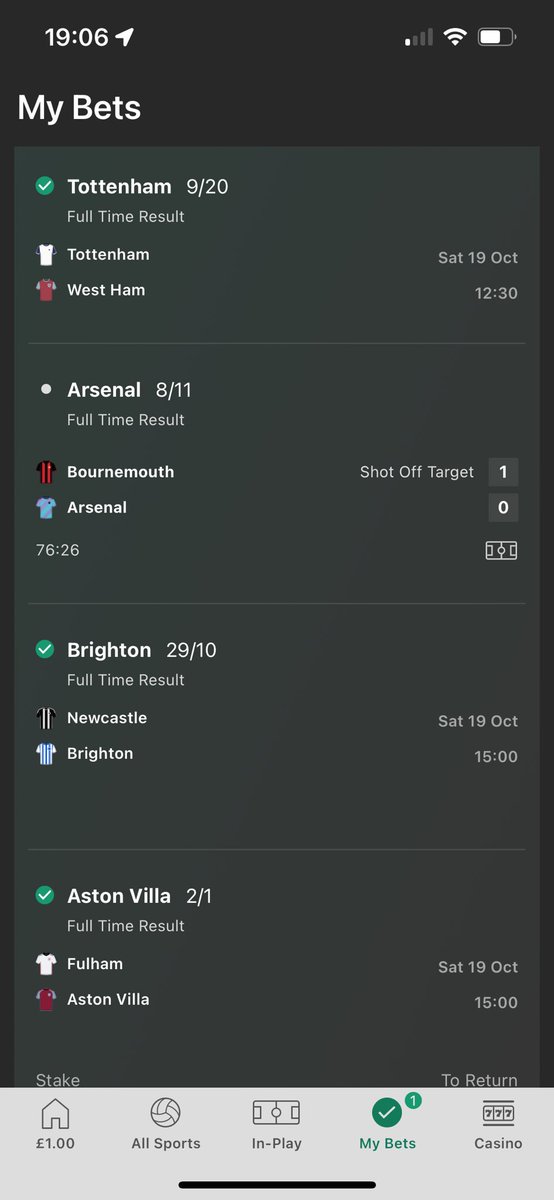 gwall81's tweet photo. @bet365help no option to cash out after the other games came in before the Arsenal/Bournemouth game. Poor show @bet365 what is wrong with the app? https://t.co/vR8vjATtFC