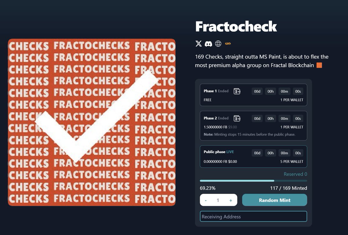 Fractochecks's tweet photo. We're nearing a sell-out with almost 70% of the supply already minted!

The excitement doesn't stop here—Discord will be launched as soon as we sell out.

Don’t miss your chance to join in! Free Mint now: https://t.co/wiZcYD4ta0

#Ordinal #NFT #Fractal https://t.co/EzQeIYHvRn