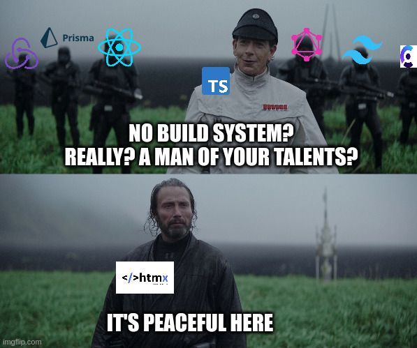 The biggest reason to use HTMX is that it's simple and Simple Systems Scale.

HTMX allows MPAs to do Server-Side Rendered partial page reloads, directly from HTML.

Same old websites, ability to be more dynamic.

(This meme is a little disengenuous as in most cases you will still