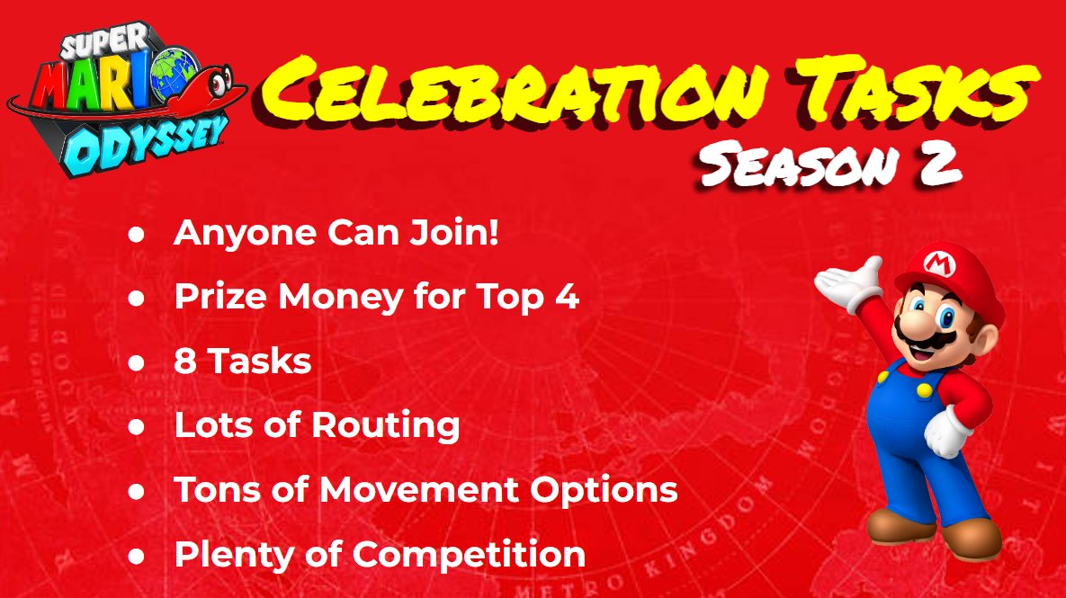 For Super Mario Odyssey's 7th Anniversary, I'll be hosting what will hopefully become the biggest tasks series since 2019, with Celebration Tasks Season 2! 

More Information: 
docs.google.com/document/d/1YF…