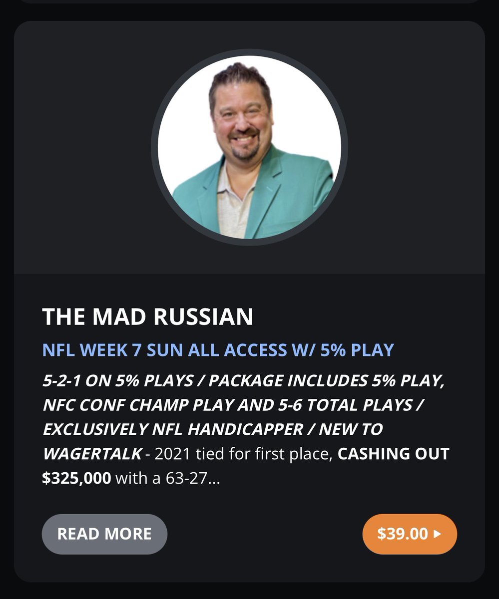 MadRussianNFL's tweet image. Just finalized my Week 7 NFL card.  My @WagerTalk package includes (1) 5%, (3) 4%, (1) 3% NFL Sides and NFC Conference Champ pick.  Package is $39, use Promo: MAD20 for 20% off.  Head over to TheMadRussian.com (Free Play also listed) I’m honored with all the support.