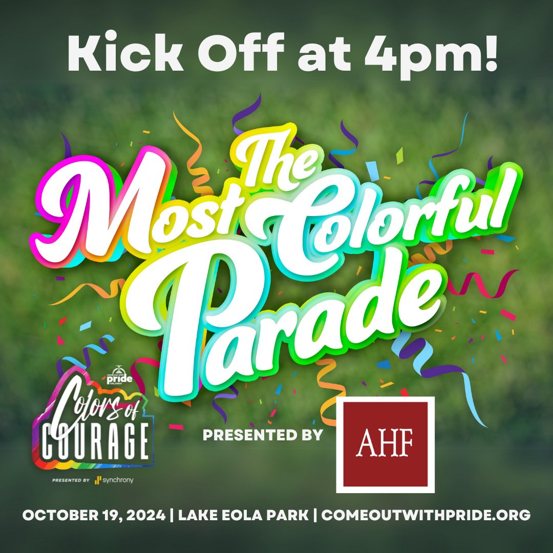 OrlandoPride's tweet photo. ✨ We’re kicking off the festivities at 4 PM 🦄

🌈🎉 Get ready for Orlando's biggest and most colorful parade presented by AHF! 🎈

Check our NEW parade route! https://t.co/rJuAO3kQMr