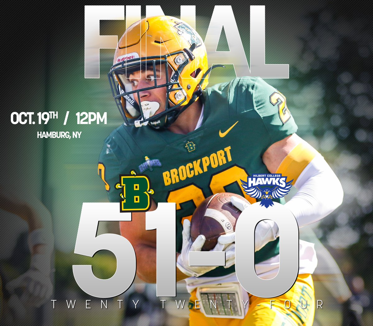 Michael Mangone (@90eastdesign) on Twitter photo Its a Final in Hamburg!
Brockport 51
Hilbert 0
Final
<a href="/BPort_Football/">Brockport Football</a>
#UndefeatedEffort Its a Final in Hamburg!
Brockport 51
Hilbert 0
Final
<a href="/BPort_Football/">Brockport Football</a>
#UndefeatedEffort